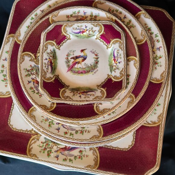 Royal Myotts Crown Staffordshire China Dinnerware Set Burgundy & Cream Pheasant